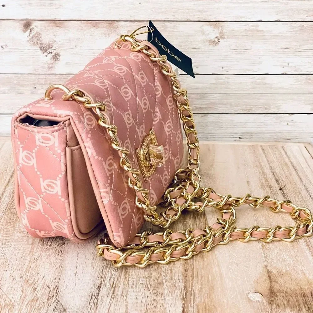 NWT BEBE Gorgeous Pink logo Liv Signature quilted gold chain Crossbody bag